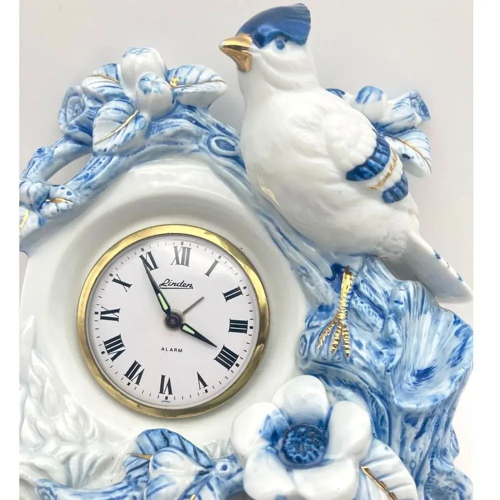 Vintage Linden Mechanical Mantle Alarm Clock Porcelain Blue Jay Gold Accents
